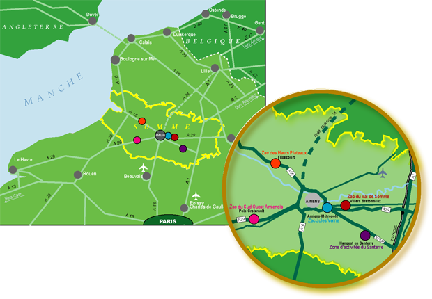Carte des zones autour d'Amiens